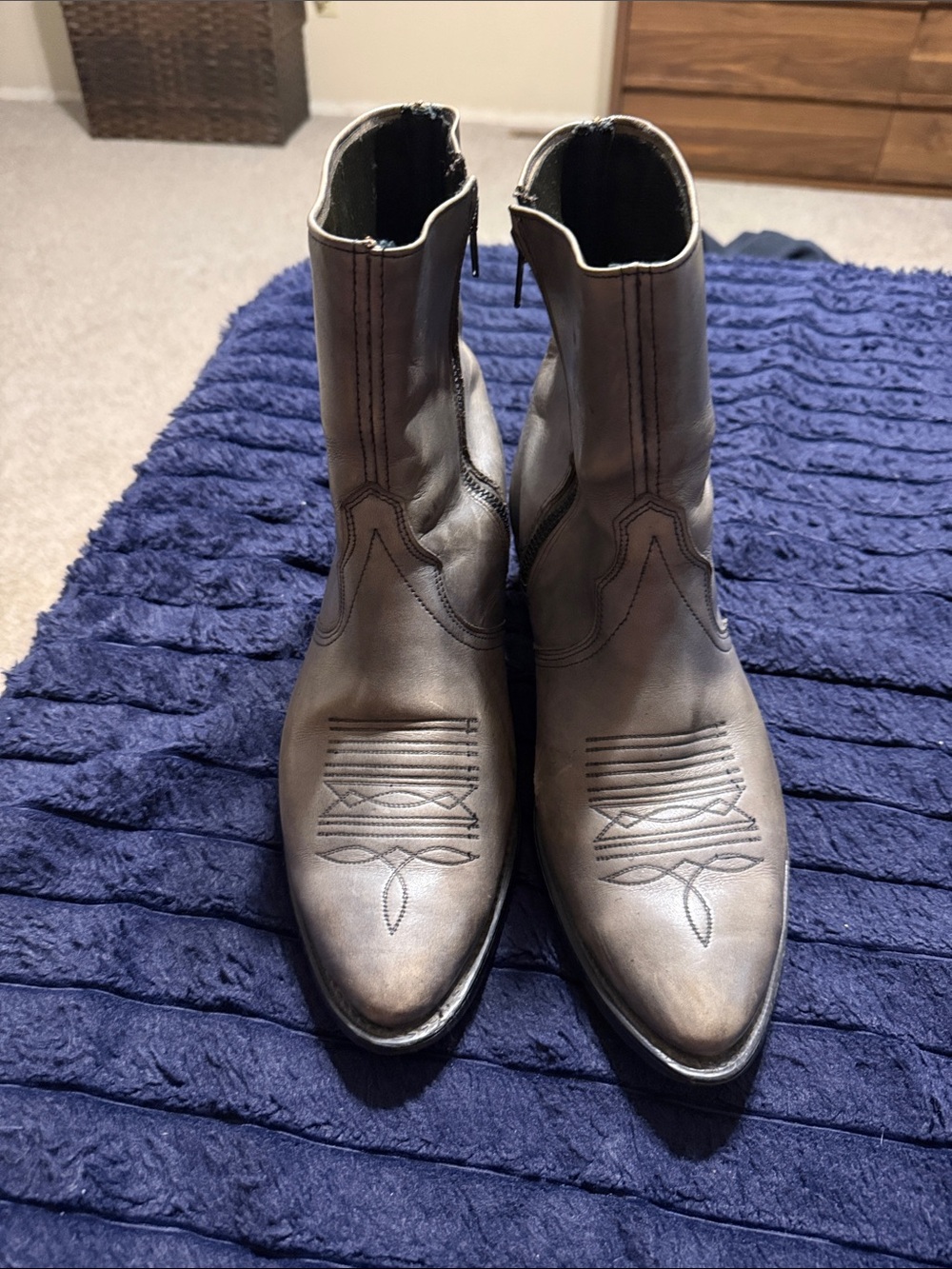 Men's Grey Leather Western Ankle Boots with Embroidered Toe